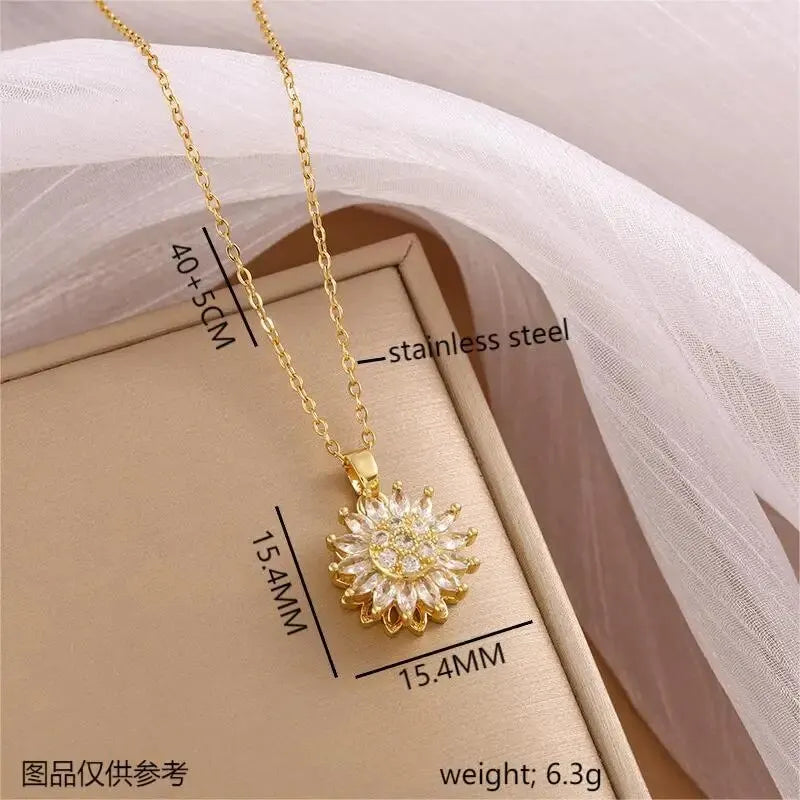“Trendy Spin Sunflower Stainless Steel Zircon Necklace for Women, Elegant Party Gift.”