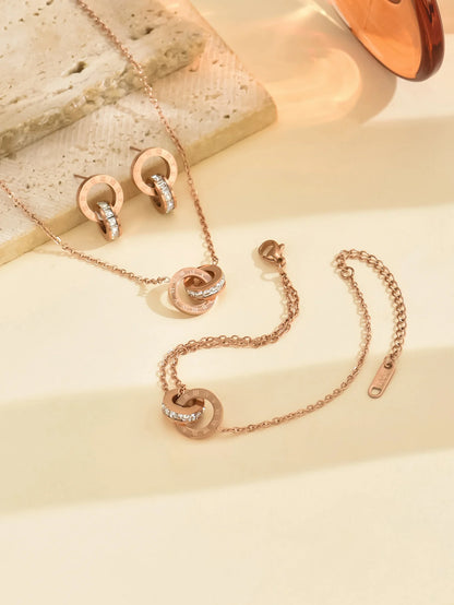 “Roman Style Jewelry Set – Double Ring Necklace, Bracelet & Earrings for Women”