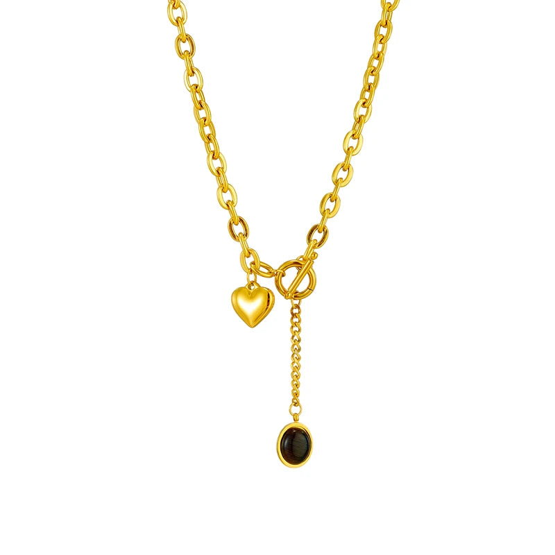 “316L Stainless Steel Necklace with Black Heart Pendant, Trendy OT-Buckle Chain.”