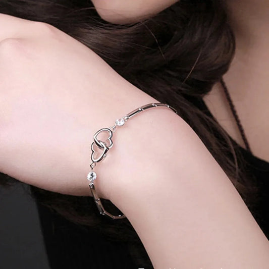 “925 sterling silver double heart bracelet, cubic zirconia, perfect Valentine’s gift.”