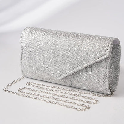“Glitter Evening Bag for Women, Shiny Silver Party Clutch with Chain Strap.”