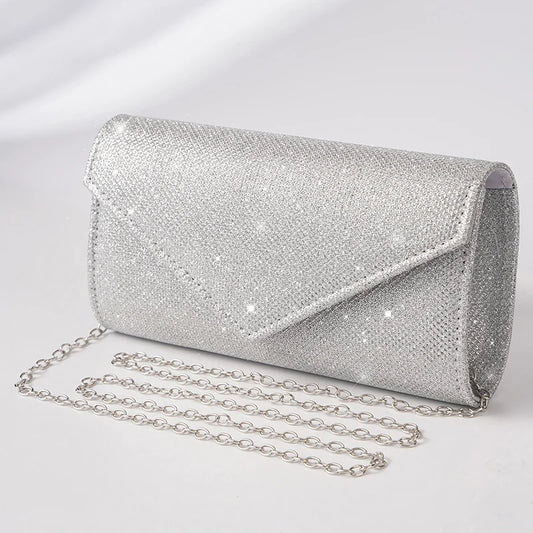 “Glitter Evening Bag for Women, Shiny Silver Party Clutch with Chain Strap.”