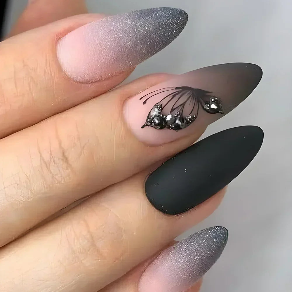 “24Pcs Matte Almond Press-On Nails – Autumn Winter Rose Leaf Design, Full Cover with Glue”