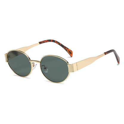 “Retro oval sunglasses, luxury metal frame, classic unisex design for driving.”