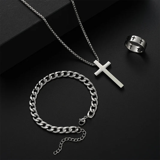 “3pcs Men’s Stainless Steel Metal Cross Pendant Set - Necklace, Bracelet, Ring for Daily Wear.”