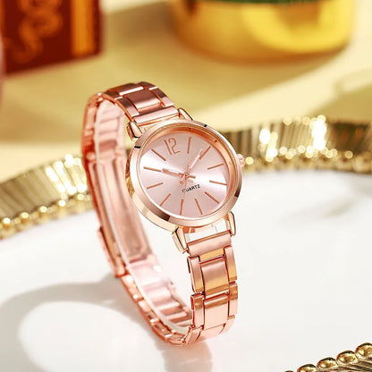 “2pcs Set Luxury Women’s Watch - Simple Dial, Hollow Strap, Gold Bracelet Quartz Wristwatch.”