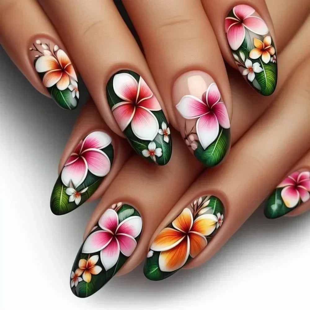 “24Pcs Matte Almond Press-On Nails – Autumn Winter Rose Leaf Design, Full Cover with Glue”