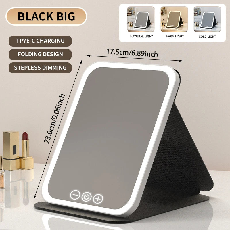 "3 Colors dimmable LED makeup mirror with touch screen, foldable, rechargeable, travel-friendly."