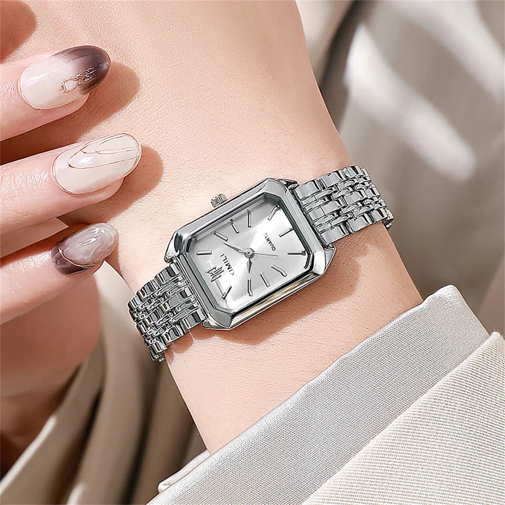 “Luxury Ladies’ Fashion Quartz Watch - Gold-Plated Square Design, Stainless Steel Strap.”