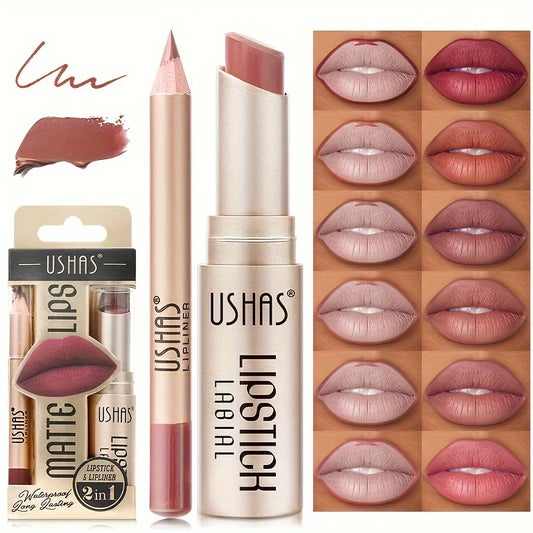 “USHAS 12-Color Matte Lipstick Set – Long-Lasting Waterproof Lipstick & Lip Liner, Non-Stick Cup”