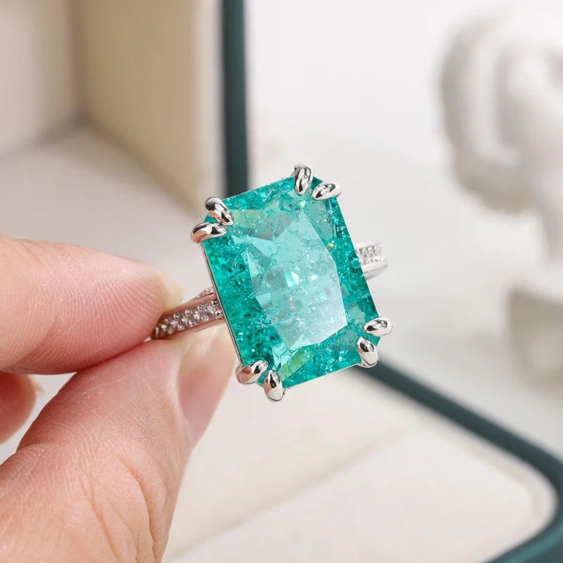 “925 Silver Plated Blue Green Moissanite Ring, Fire Sparkling, Luxury Party Birthday Jewelry.”