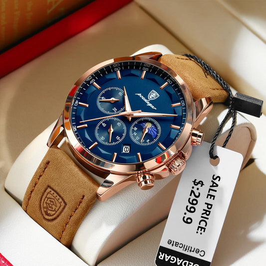 “Men’s Luxury Sports Watch: Waterproof Chronograph, Luminous Display, Business Leather Design.”