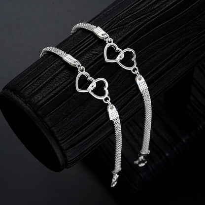 “2 Pcs Love Heart Couple Bracelets, Silver Double Layer Matching Chain Jewelry Gift.”