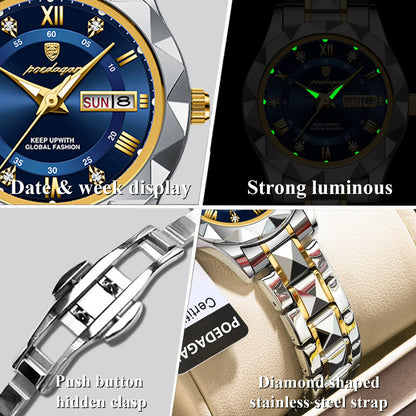 “Elegant waterproof women’s watch with luminous, week, date, stainless steel.”