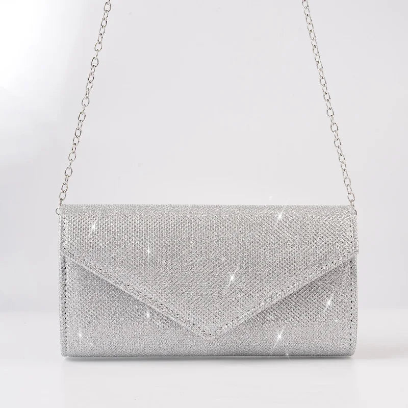 “Glitter Evening Bag for Women, Shiny Silver Party Clutch with Chain Strap.”