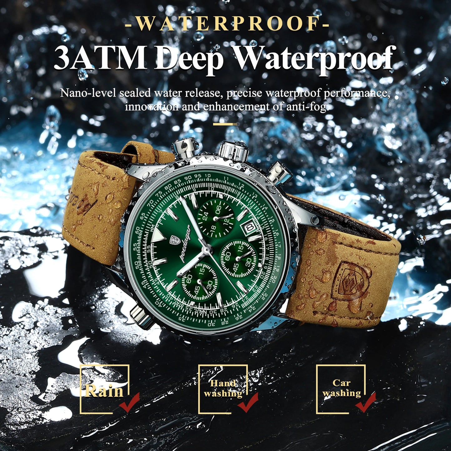 “Luxury waterproof quartz men’s watch with luminous date chronograph.”