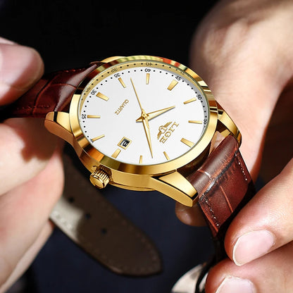 “Brown leather men’s military sports watch, waterproof, casual quartz chronograph.”