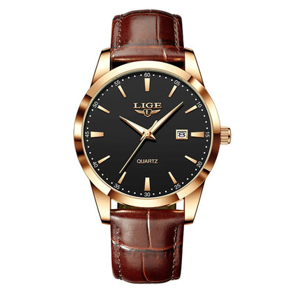 “Brown leather men’s military sports watch, waterproof, casual quartz chronograph.”