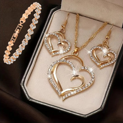 “3-Piece Heart-Shaped Jewelry Set - Earrings, Pendant, Necklace with Rhinestones.”
