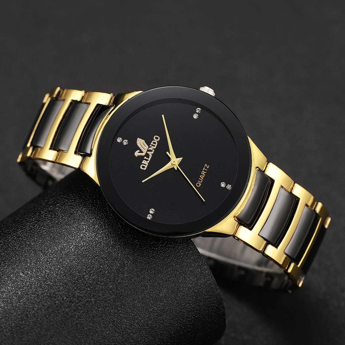 “Stylish men’s quartz watch, black steel band, perfect for business attire.”