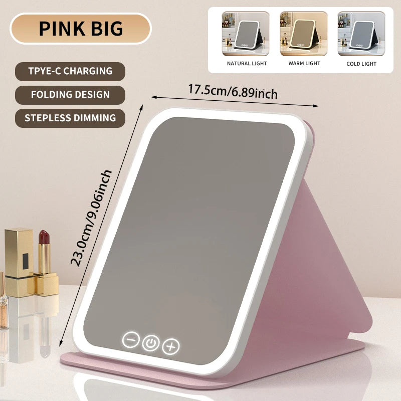 "3 Colors dimmable LED makeup mirror with touch screen, foldable, rechargeable, travel-friendly."