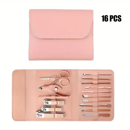 “16-piece professional manicure set with nail clippers, cuticle nippers, and travel case.”