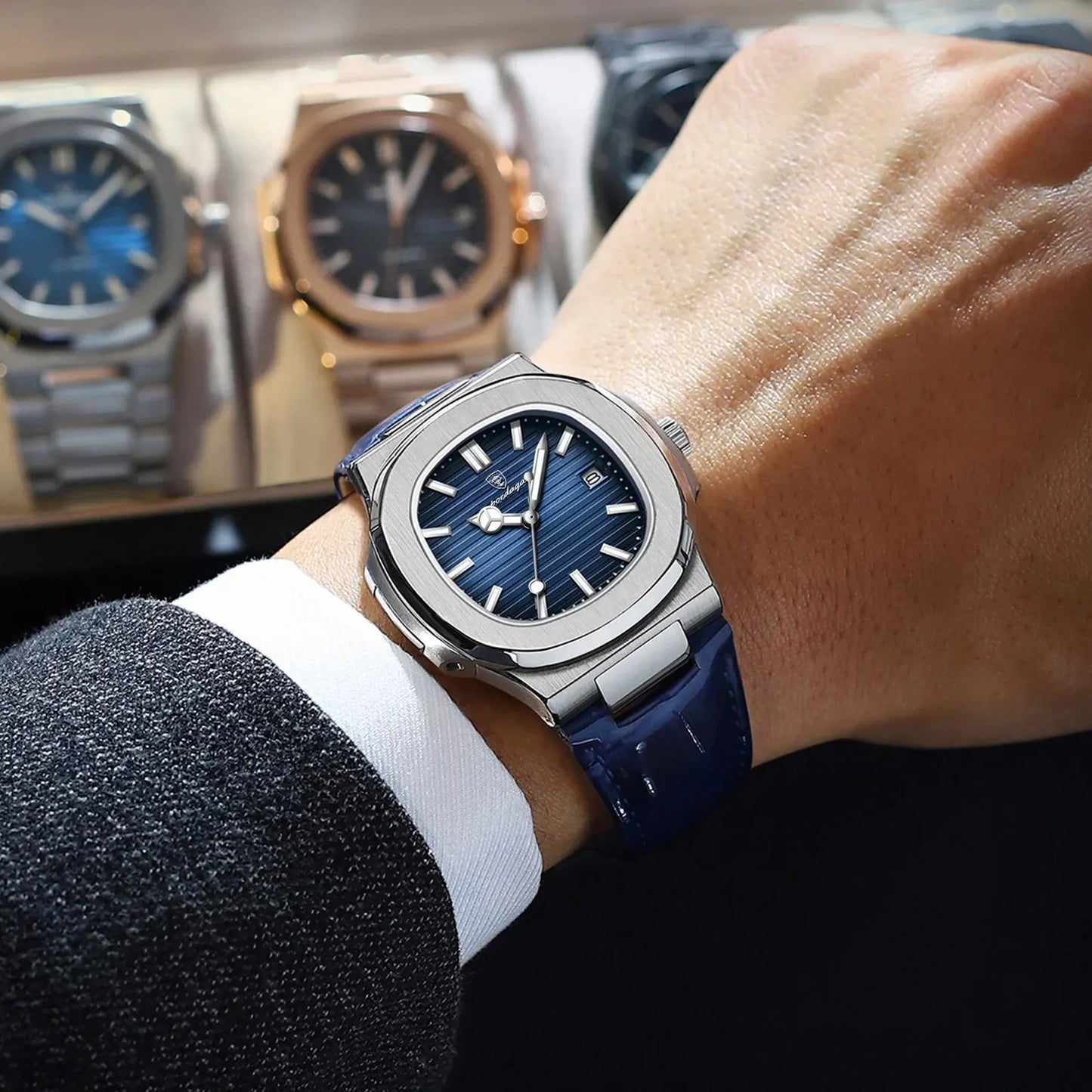 “Top Luxury Square Man Watch Date Waterproof Luminous Men’s Quartz Leather”