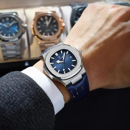“Top Luxury Square Man Watch Date Waterproof Luminous Men’s Quartz Leather”