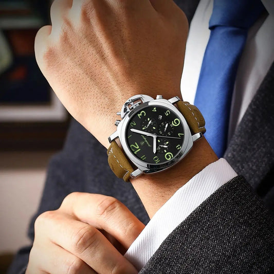 “Luxury military men’s watch, waterproof, luminous, leather strap, quartz, high quality.”