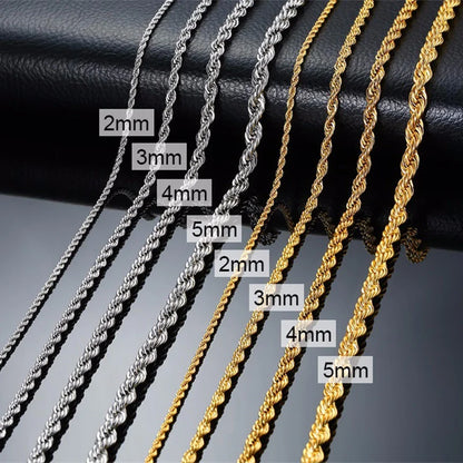 “Men’s Long Rope Necklace - Stainless Steel Minimalist Twist Chain, Gold & Silver.”
