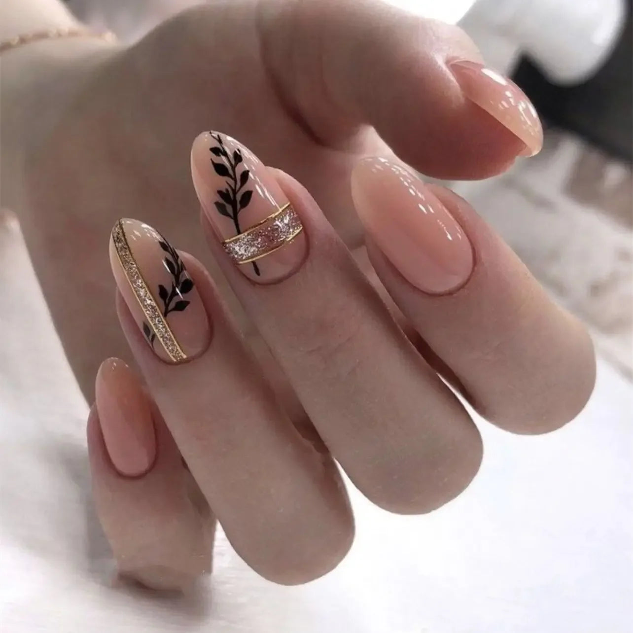 “24Pcs Matte Almond Press-On Nails – Autumn Winter Rose Leaf Design, Full Cover with Glue”