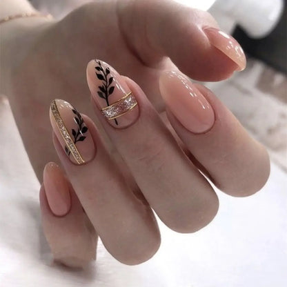 “24Pcs Matte Almond Press-On Nails – Autumn Winter Rose Leaf Design, Full Cover with Glue”