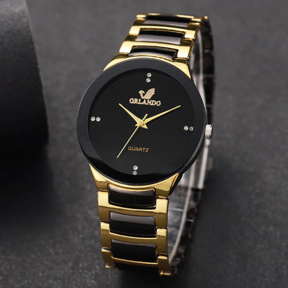 “Stylish men’s quartz watch, black steel band, perfect for business attire.”