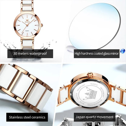 “Women’s Luxury Rose Gold Quartz Watch with Ceramic Strap Elegant Fashion Timepiece.”