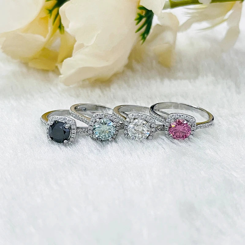 “1-carat colored moissanite ring, 925 sterling silver, classic wedding jewelry.”