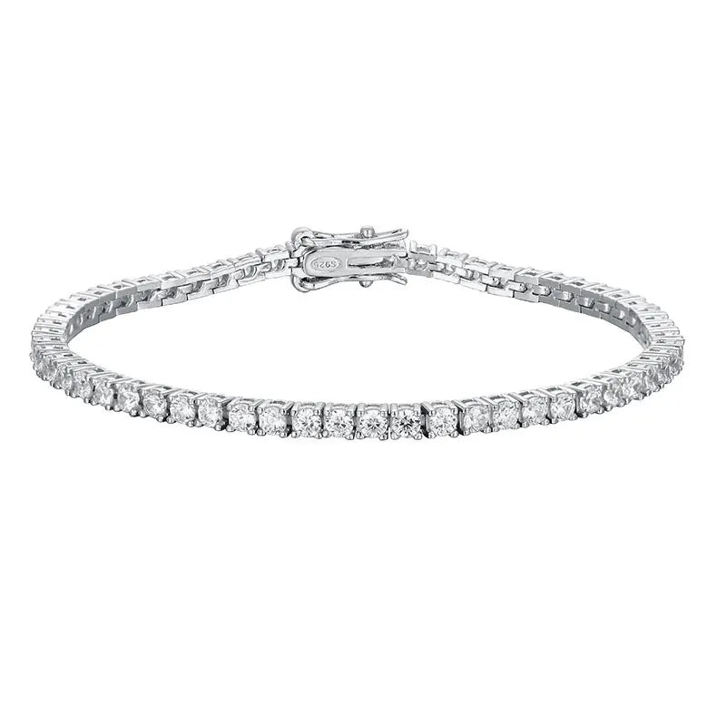 “Moissanite Tennis Bracelet, Sterling Silver, White Gold Plated, Sparkling Party Jewelry.”