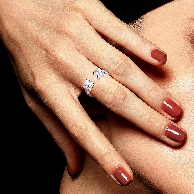 “1CTTW 4.5mm Princess-Cut Moissanite Ring, Adjustable Sterling Silver Wedding Band.”