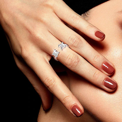 “1CTTW 4.5mm Princess-Cut Moissanite Ring, Adjustable Sterling Silver Wedding Band.”