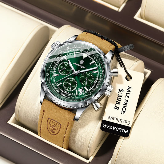 “Luxury waterproof quartz men’s watch with luminous date chronograph.”