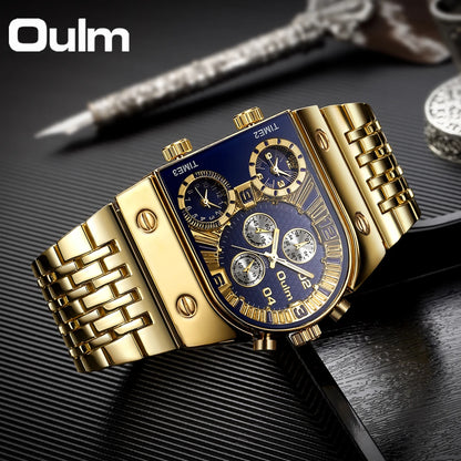 “Unique Men’s Square Gold Quartz Watch Sports Multi-Time Zone Waterproof Wristwatch.”