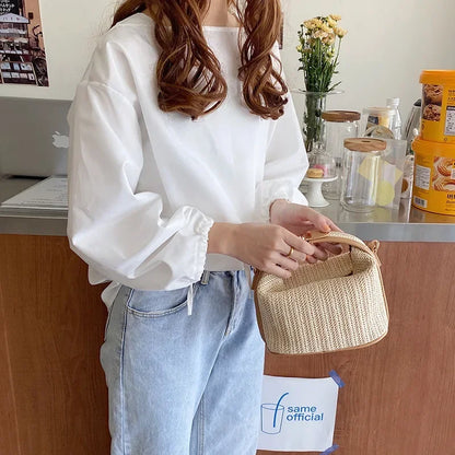 “Summer Small Straw Handbag Trendy Woven Bucket Crossbody Shoulder Bag Casual.”
