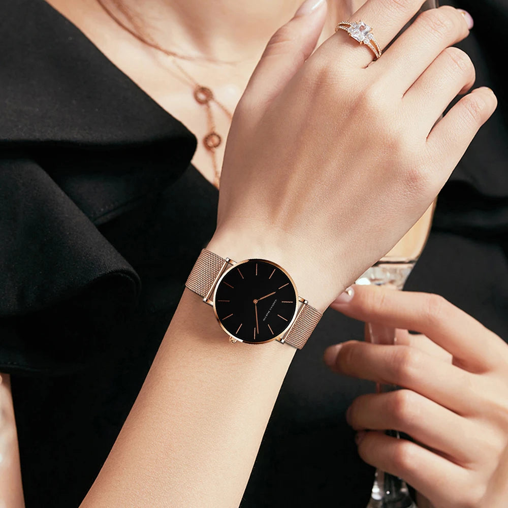“Rose gold women’s bracelet watch, stainless steel mesh, simple, Japanese quartz.”