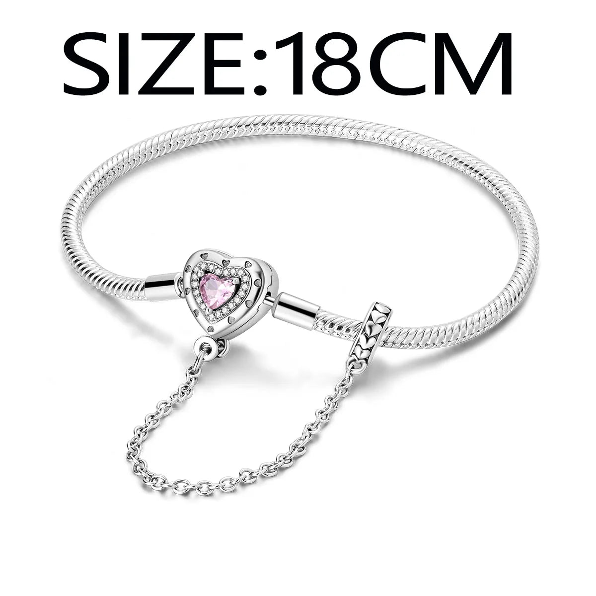 “Silver plated charm bracelet with safety chain, snake chain fits beads, perfect gift.”