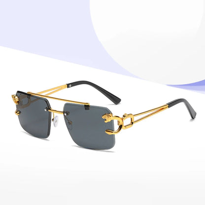 “Rimless square sunglasses with double bridge, vintage unisex fashion style.”