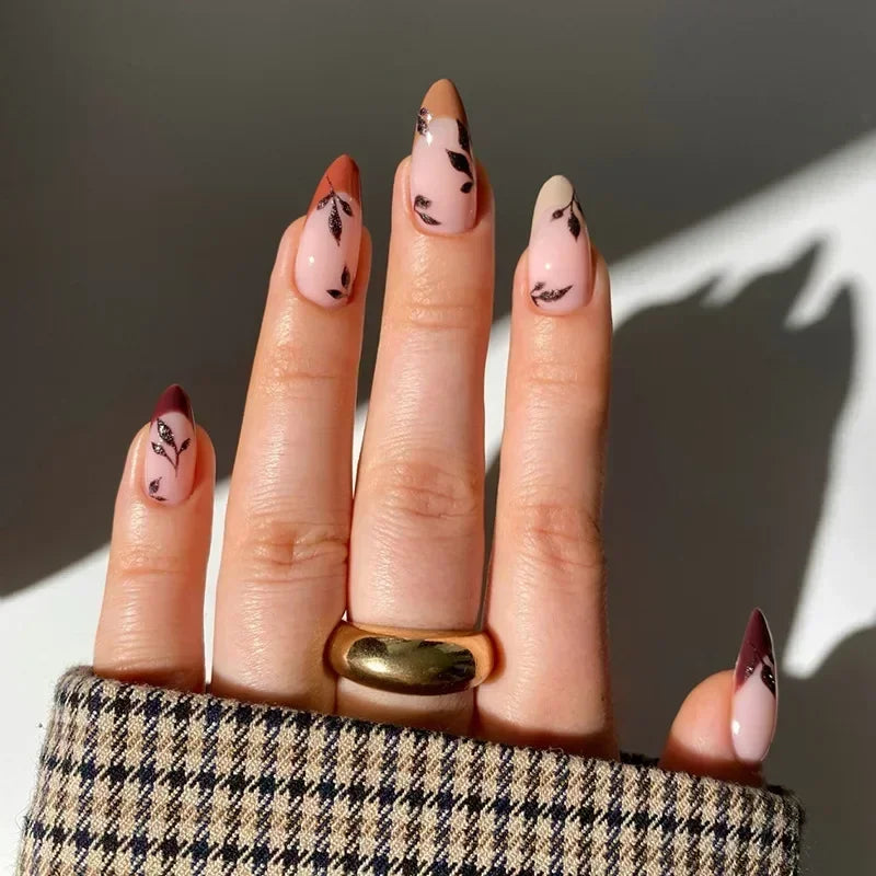 “24Pcs Matte Almond Press-On Nails – Autumn Winter Rose Leaf Design, Full Cover with Glue”