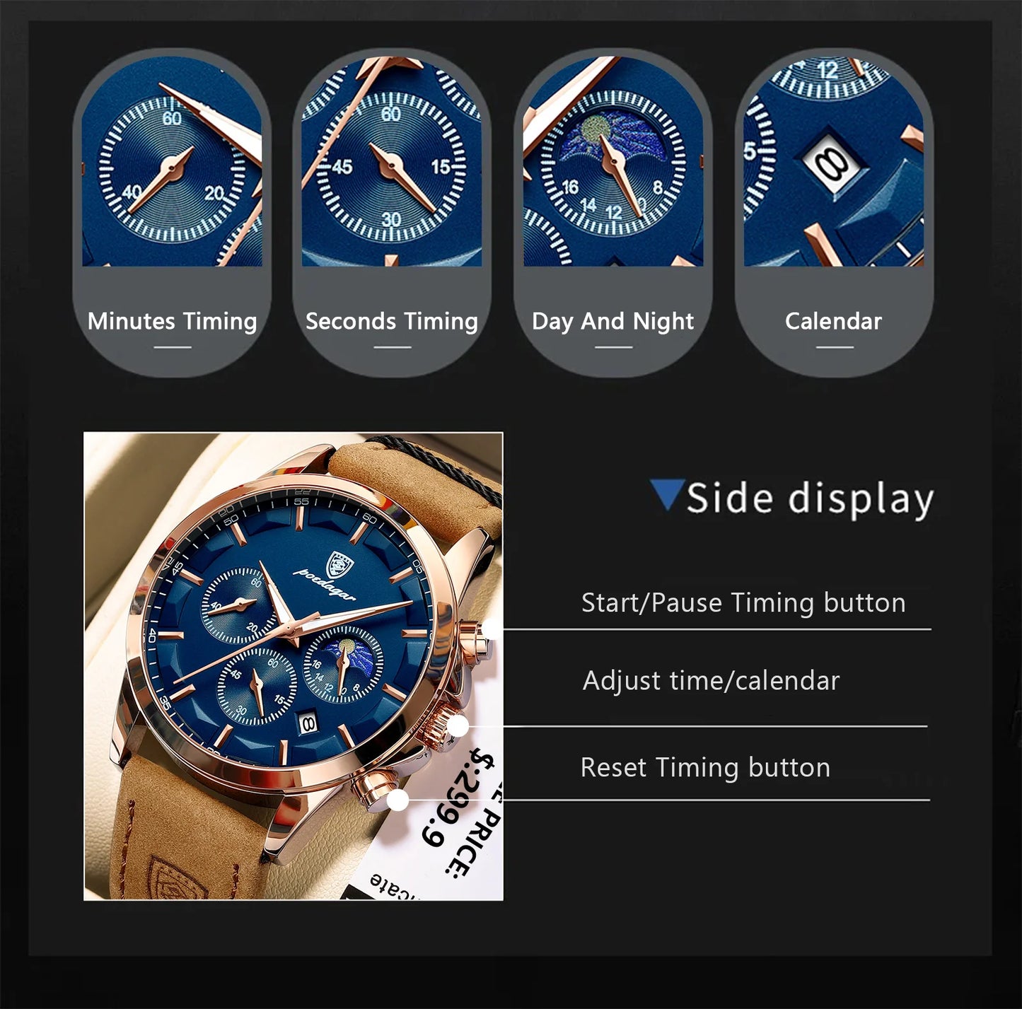“Men’s Luxury Sports Watch: Waterproof Chronograph, Luminous Display, Business Leather Design.”