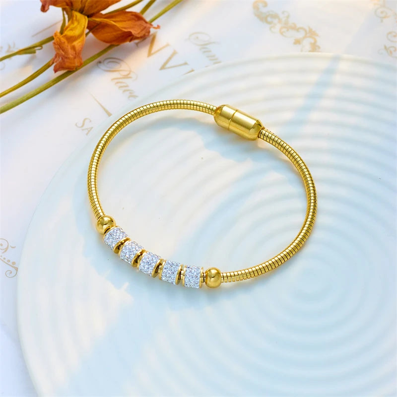 “316L Stainless Steel Gold Rhinestone Beaded Bracelet Women Fashion Magnet Clasp Jewelry”