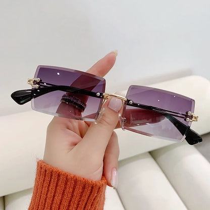 “Luxury rectangle rimless sunglasses, gradient colors, stylish unisex design.”