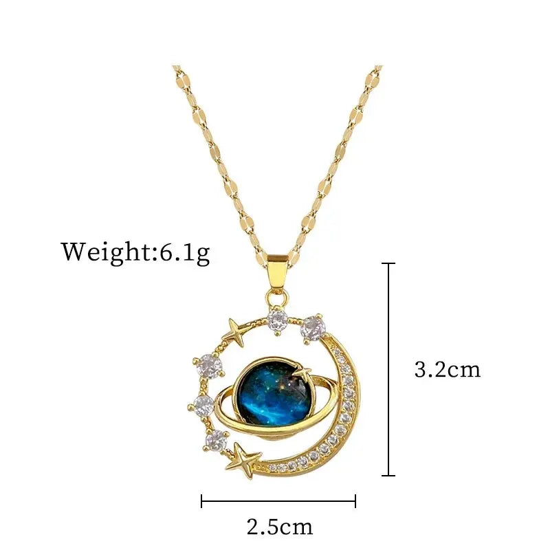 “Luxury gold titanium steel necklace with planet, moon, astronaut pendants.”