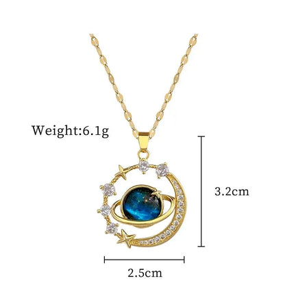 “Luxury gold titanium steel necklace with planet, moon, astronaut pendants.”